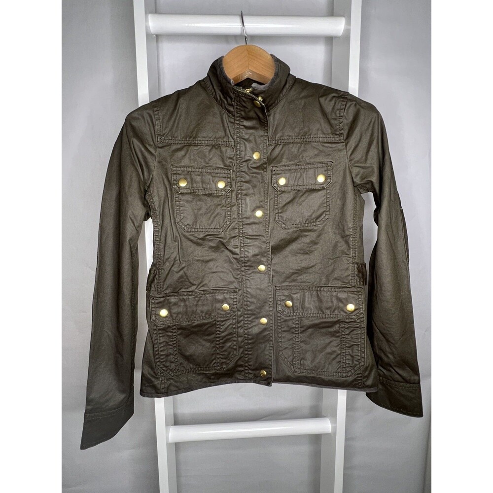 J.CREW J CREW Jacket Womens XS Green Olive Coated Long Sleeve ZIpper Snaps Unlin